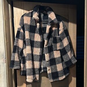 SHEIN Black and Beige Plaid Teddy Jacket